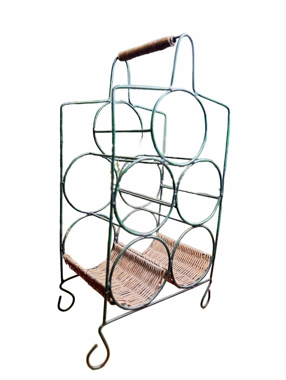 Retro Boho Green Metal and Rattan Countertop Wine Holder with Handle